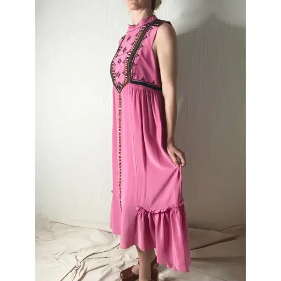 WHISTLES "Avery" Silk Bubblegum Pink Boho Embroidered Maxi Dress US 10 - Picture 5 of 13